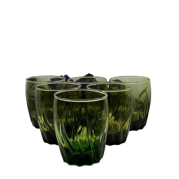 Vintage Anchor Hocking Central Park Ivy Green Swirl Lowball Juice Glasses 4” Set - Picture 2 of 5
